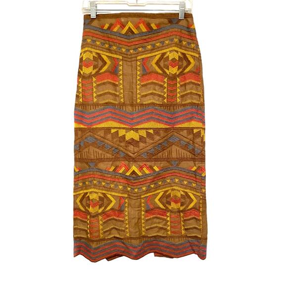 Zara Embroidered Brown Boho Navajo Print Skirt size small - Picture 2 of 8